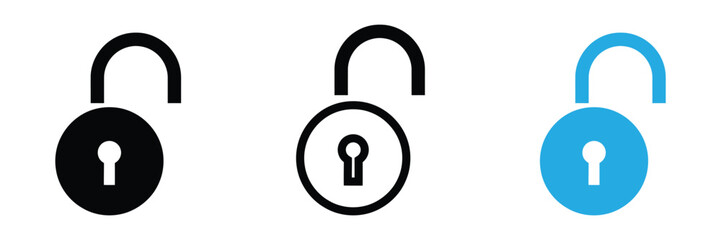 Unlocked security icons in black and blue, ready for use,Three open padlock icons in black, outline, and blue isolated on white background security concept