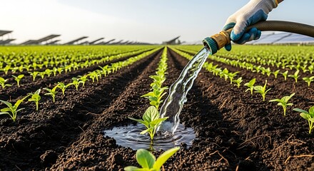 Farmer waters crops hose agriculture cultivation harvest field irrigation landscape