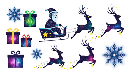Cosmic Santa Claus Sleigh Ride with Reindeer and Festive Gifts