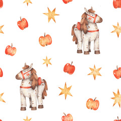 Cute seamless pattern with cartoon horse, apples and stars. Watercolor hand-drawn texture for Christmas or New Year wrapping paper on white background. 