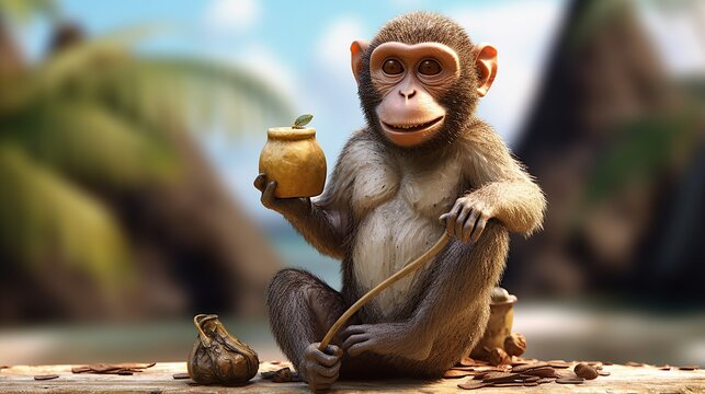 Animated monkey character holding a honey pot, sitting on a rustic surface