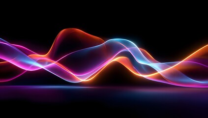 Vibrant neon light waves undulate across a dark background creating a mesmerizing abstract visual symphony of color and form