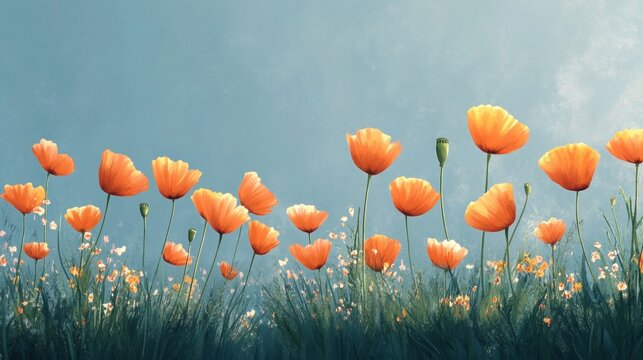 Dreamy wildflower meadow with vibrant orange poppies against a soft blue sky, perfect for springtime backgrounds and whimsical designs adding a touch of natural elegance