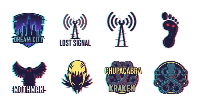 Illustrated Logos Featuring Cryptids Cityscape and Communication Symbols