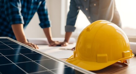 Close up construction project engineer looking blueprints on solar panel renewable energy future