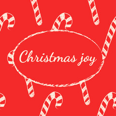 Christmas greeting card with candy cane in minimalist style with chalk texture. Vector template for banners, posts, and covers
