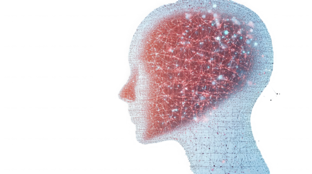 Digital human head with internal network connections  showing brain activity on transparent background