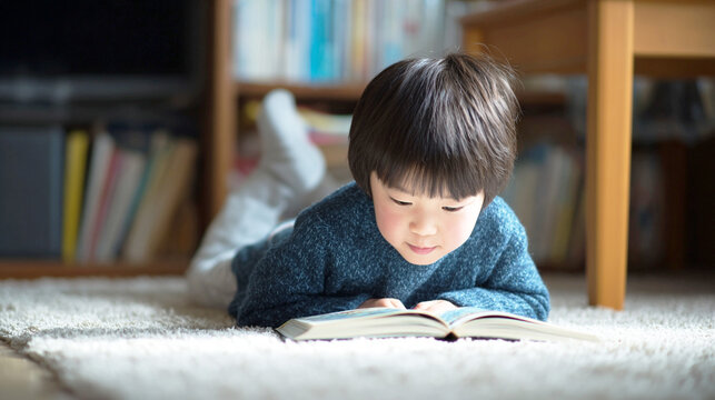 リビングで本に集中する男の子
