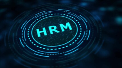 Human Resources Management HRM glowing neon blue text on a digital HUD interface with bokeh background - Powered by Adobe