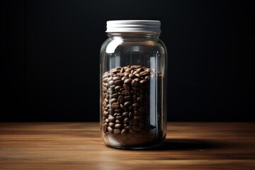 Roasted coffee beans are preserved in a glass jar with a white lid, placed on a wooden table against a black background