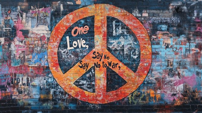 Inspiring peace symbol graffiti art on weathered brick wall with vibrant colors and powerful message of love and anti-war sentiment for social justice campaigns