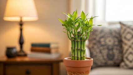Bamboo Plant in Terracotta Pot on Side Table in Cozy Living Room