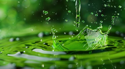 Close-Up of Droplet Creating Splash in Vibrant Green Liquid with Bokeh Background