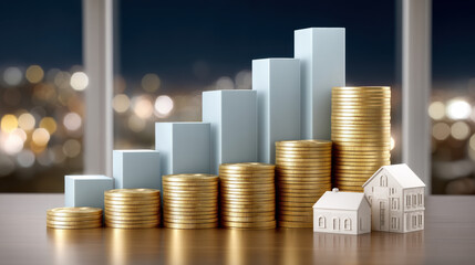 Gold coin stacks rise beside ascending bar chart and miniature houses showing real estate trends and increasing investment confidence at night