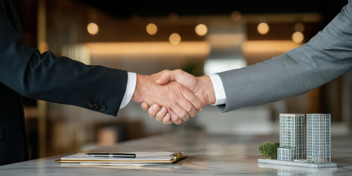 Two business partners shake hands over property agreement showcasing modern real estate trends and confident collaboration in office setting