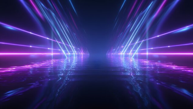 Abstract futuristic neon light tunnel with reflective surface and vibrant electric glow