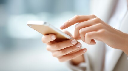 Close-up of a woman's hands skillfully tapping away on a smartphone. The bright, airy office environment reflects her focus and expertise in using technology with grace and confidence