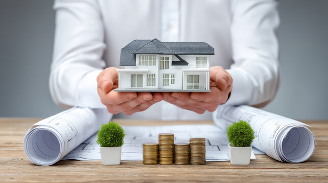 Modern real estate trends show investment planning and property development with model house blueprint and stacked coins embodying financial growth