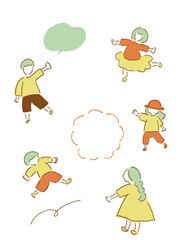 遊ぶ子どもたち_アースカラーVer.手描きイラスト_ベクター｜｜Playing Children_Hand-Drawn Illustration_Vector	