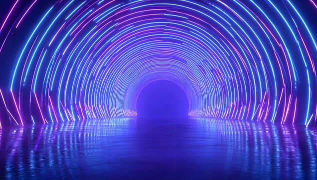 Immersive futuristic neon tunnel experience with vibrant blue and purple lights reflecting on a wet surface - Powered by Adobe