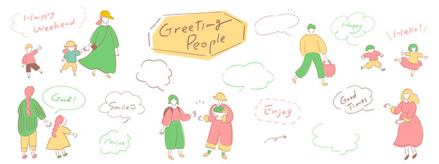 Fototapeta premium あいさつする人々_ライトなカラーVer.手書きイラスト＆吹き出し＆テキスト｜Greeting People 