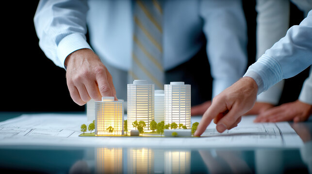 Modern real estate trends showcase illuminated architectural model blueprint as professionals point and plan urban development with focused