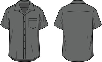 Technical flat sketch of short sleeve button-up shirt front and back view with collar, pocket, stitching, and garment details