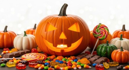Jack o lantern surrounded by assorted halloween candies and pumpkins