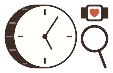 Large clock, smartwatch with heart, and magnifying glass emphasize time management, health tracking, and analysis. Ideal for productivity, healthcare, wellness, research tech analytics simple flat