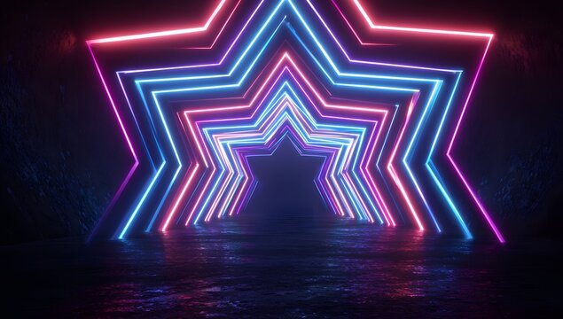 Illuminated star shaped geometric tunnel entrance with vibrant neon lights reflecting on a wet surface