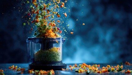 Colorful vegetables being processed in a food processor, with vibrant pieces flying in the air