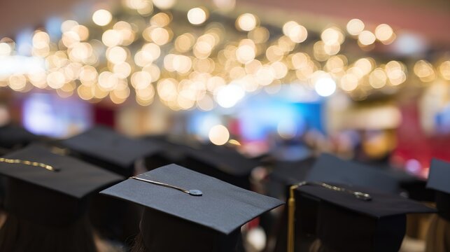 commencement. Neatly arranged graduation hats against a softly blurred background, celebrating academic achievement. event programs.