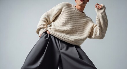 Stylish oversized knit sweater and wide leg pants fashion editorial photography shoot