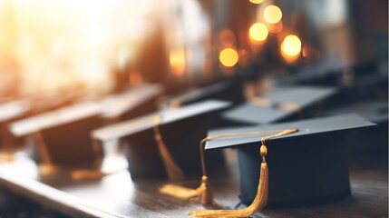 commencement. Neatly arranged graduation hats against a softly blurred background, celebrating academic achievement. event programs.
