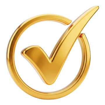 Golden check mark in circle isolated on transparent background, symbol of approval