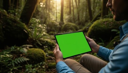 Man using green screen tablet in forest mockup for digital nomad lifestyle concept