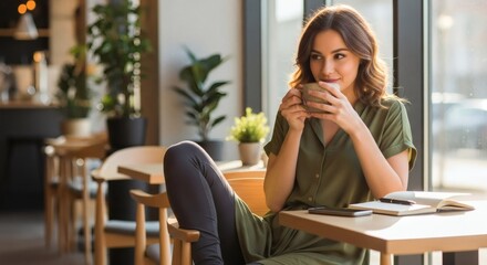 Woman enjoying coffee break in cafe writing in notebook lifestyle and relaxation concept