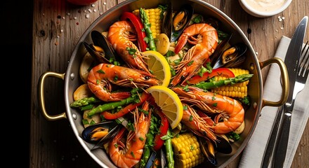 Seafood Feast - A Vibrant Paella with Shrimp, Mussels, and Vegetables.