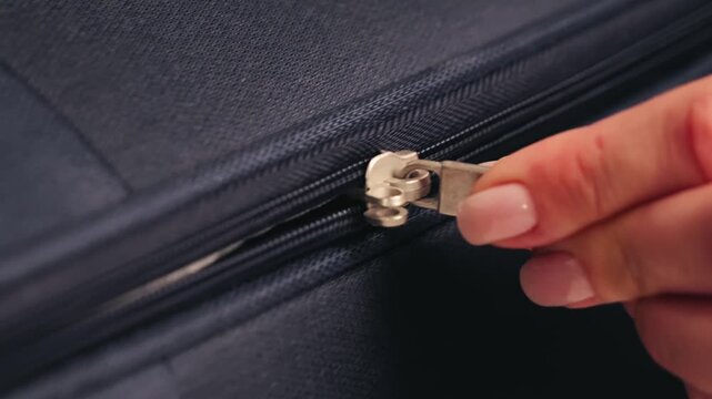 Zipper on suitcase close up, fingers pull at the zipper tab. Packing bags. Travel preparation concept. High quality 4k footage