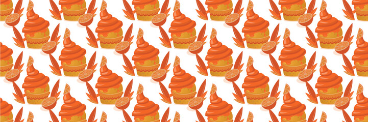 Orange cupcake vector pattern. Seamless cupcake pattern. Cartoon-style illustration in orange. Can be used on any household items: towels, bed linens, etc.