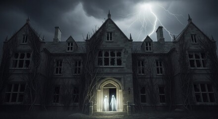 Haunted house ghost sighting spooky mansion halloween night lightning storm eerie scene
