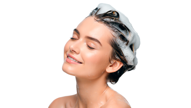 A young woman smiles, with shampoo on her hair, against an isolated background