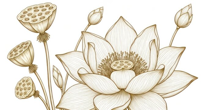 Detailed beige lotus flower drawing with pods and buds on a white background - Powered by Adobe