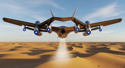 Futuristic aircraft flying over desert landscape stock photo and high resolution image