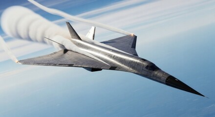 Futuristic fighter jet flying high speed through the sky with vapor trails airplane