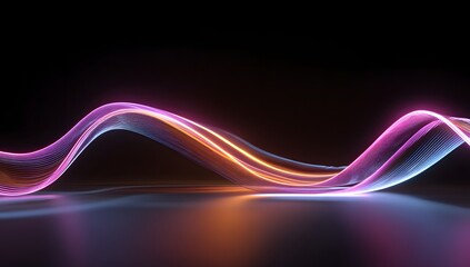 Abstract flowing wave of vibrant neon light particles creating an ethereal luminous energy stream against a dark background