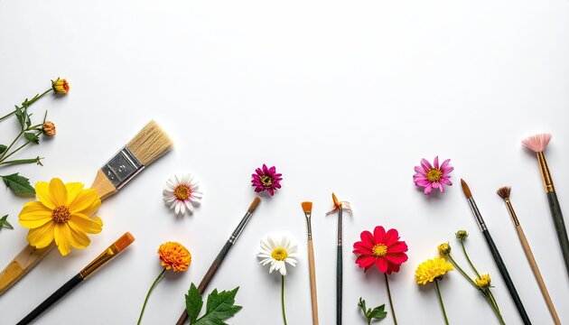 Brushes & blooms; art supplies scattered on a white ground - Powered by Adobe