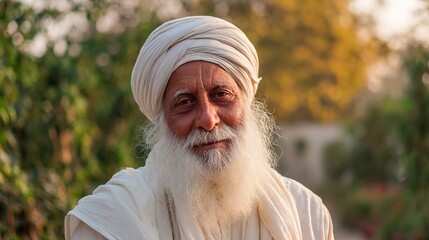 Portrait of a serene indian guru with a white beard and turban in a natural outdoor setting