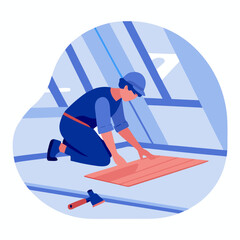 Builder installing laminate flooring in attic workspace  