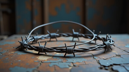 Barbed wire crown resting on rusted surface as symbolic war relic and tribute